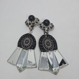 RANJANA KHAN Rhinestone Art Deco Dangling CLIP ON Earrings Mirror Sunburst